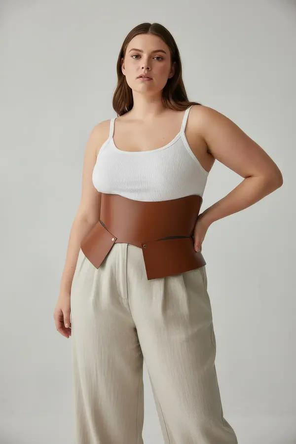 tan faux leather waspie waist cinch belt with angular front panels and gold stud hardware worn over cream tank top