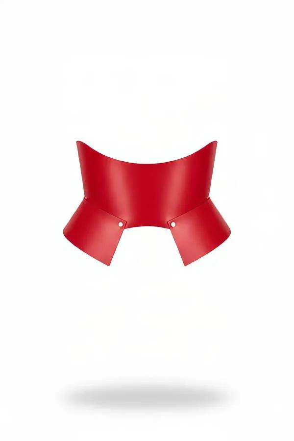 red faux leather waspie waist harness corset belt with structured hip-flare panels and silver front stud closures