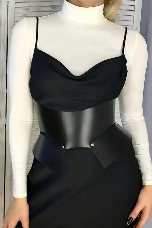 siyah faux deri geniş korse kemer beden şekillendirici peplum kanat çıtçıt kapama