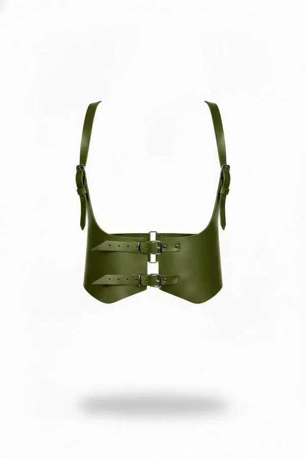 olive faux leather waspie underbust harness with double silver buckles and adjustable shoulder straps front view