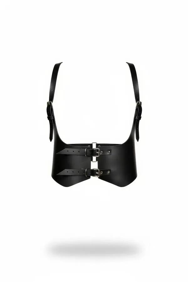 black faux leather wide underbust harness belt with double silver buckles and adjustable shoulder straps front view