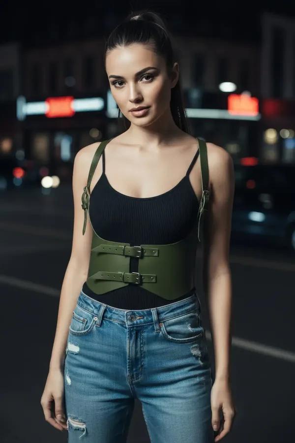 olive green faux leather wide underbust waist harness with dual buckle straps worn over black tank top