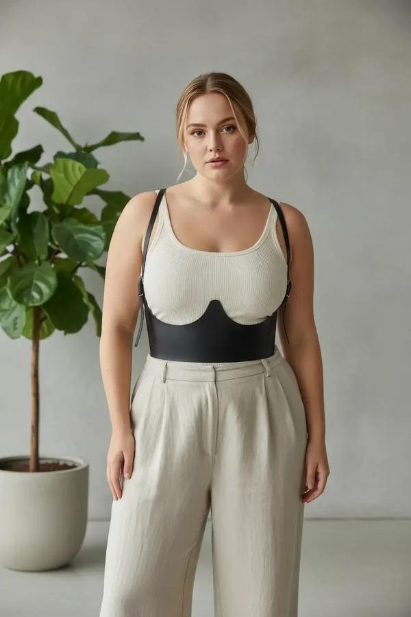 black faux leather underbust harness with shoulder straps worn over beige ribbed top with wide-leg trousers