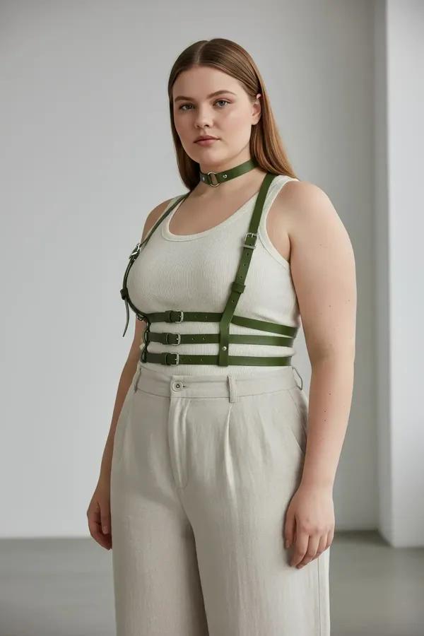 Olive green faux leather chest harness with matching choker and three silver buckle waist straps worn over white tank top