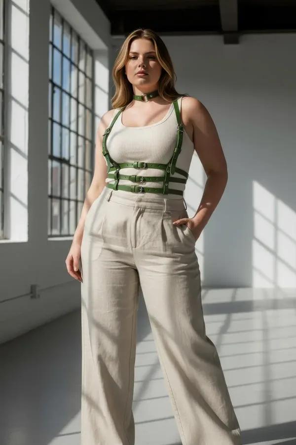 Olive green faux leather chest harness with matching choker and three silver buckle waist straps worn over white tank top