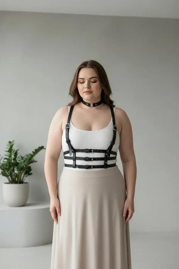 black faux leather multi-strap chest harness with double waist bands and matching black choker silver buckles