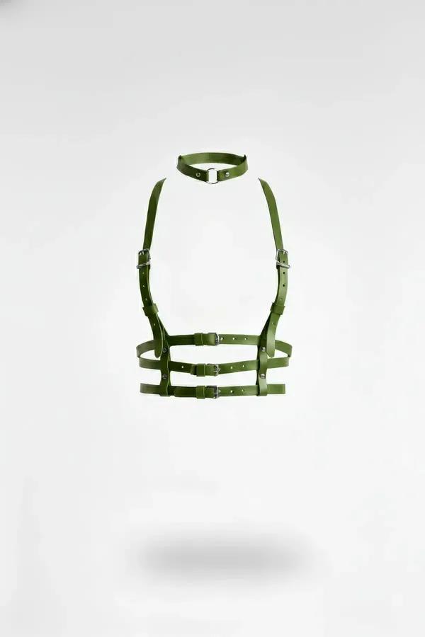 olive green faux leather underbust harness with matching choker and six silver buckles front view