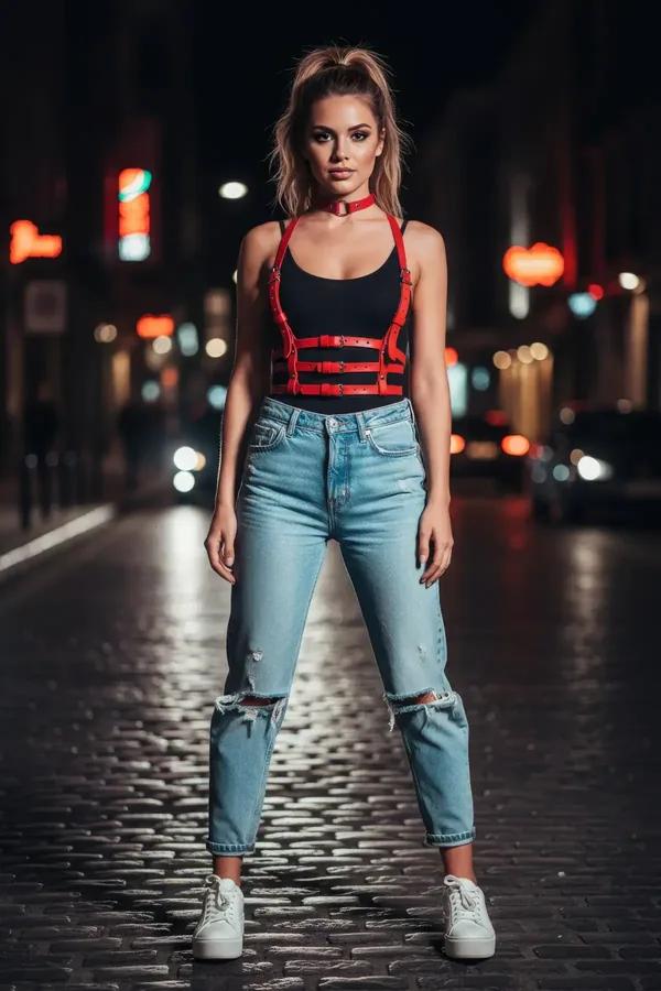 Red faux leather multi-strap chest harness with three horizontal bands and red buckles, worn over black crop top with matchin
