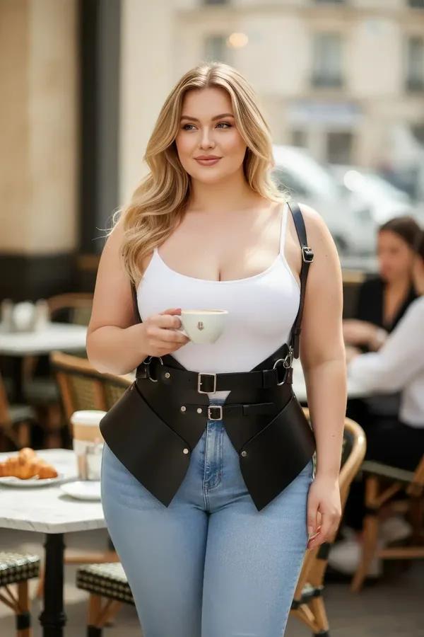 black faux leather corset harness belt with structured waist panels silver buckles and pointed front hem worn over white tank