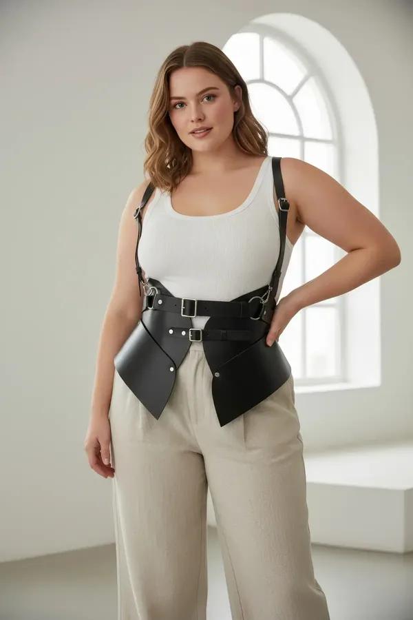 black faux leather corset harness belt with structured waist panels silver buckles and pointed front hem worn over white tank
