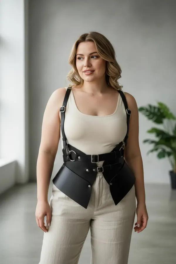black faux leather corset harness belt with structured waist panels silver buckles and pointed front hem worn over white tank