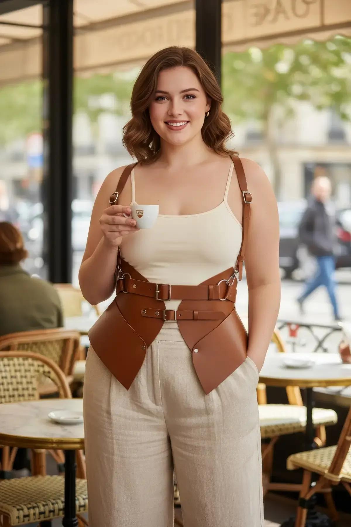 caramel faux leather waist cincher body harness with structured hip panels and gold O-ring buckle hardware