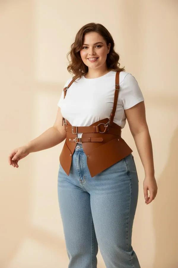 caramel faux leather waist cincher body harness with structured hip panels and gold O-ring buckle hardware