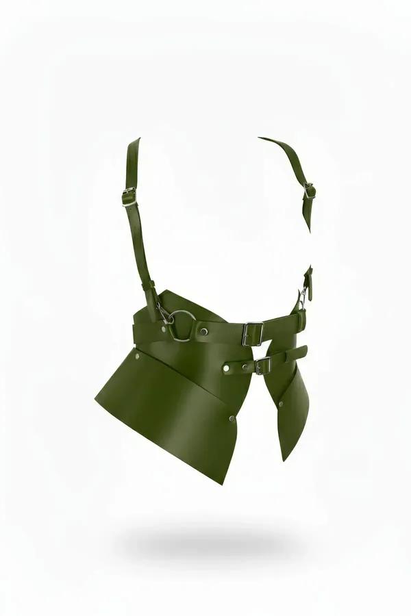 olive vegan leather underbust harness with wide angular waist panels and silver O-ring buckle hardware