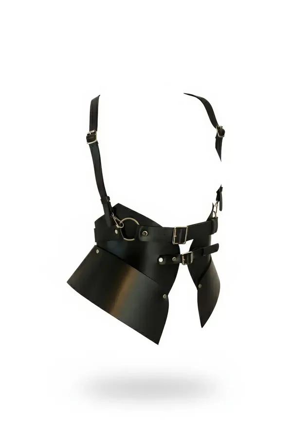 black faux leather underbust corset harness with wide structural panels and silver-tone O-ring and buckle hardware