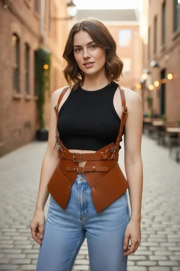 Taba vegan deri geniş bel korsesi omuz askılı çift toka gümüş metal detay