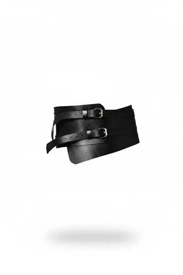 black pebbled faux leather wide corset waist belt with dual silver prong buckles front view