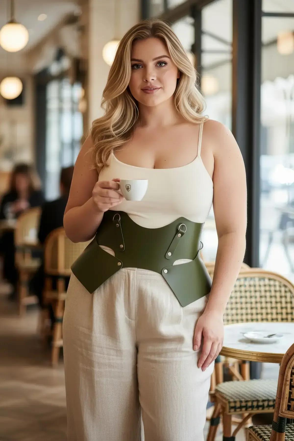 olive green wide faux leather waist harness belt with geometric cut-out panels and silver D-ring hardware