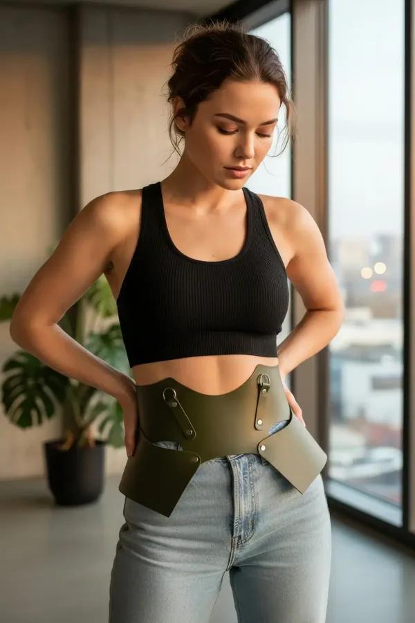 olive vegan leather underbust waist cincher with flared peplum and silver D-ring hardware, worn over black bodysuit