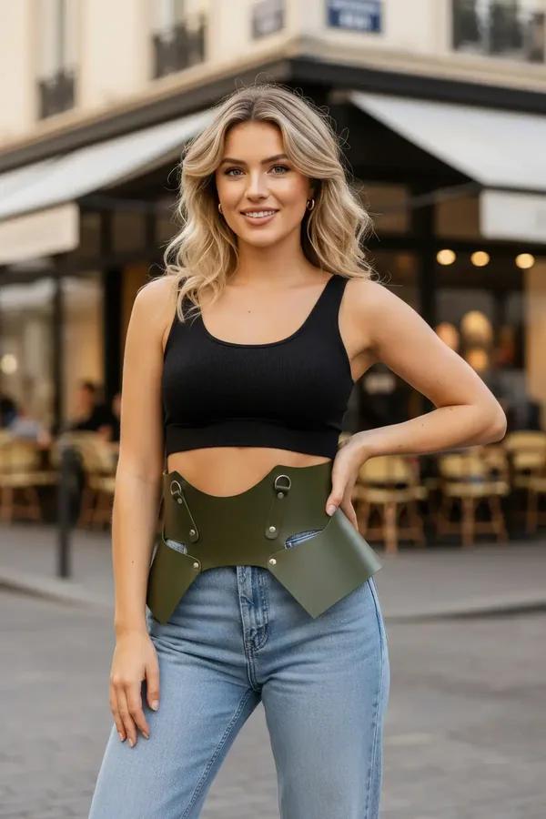 olive vegan leather underbust waist cincher with flared peplum and silver D-ring hardware, worn over black bodysuit