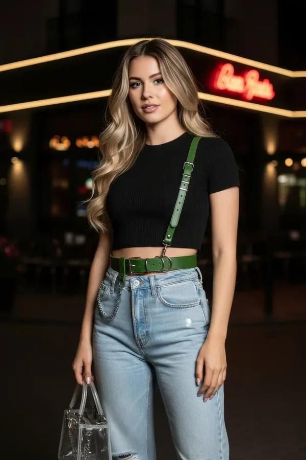 green faux leather diagonal harness with wide waist belt silver buckle D-rings and chain detail