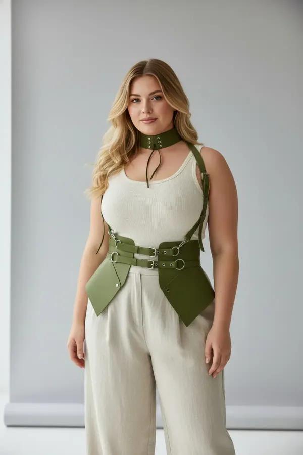olive green faux leather angular waspie corset harness with geometric front panels silver O-rings and matching choker set wor