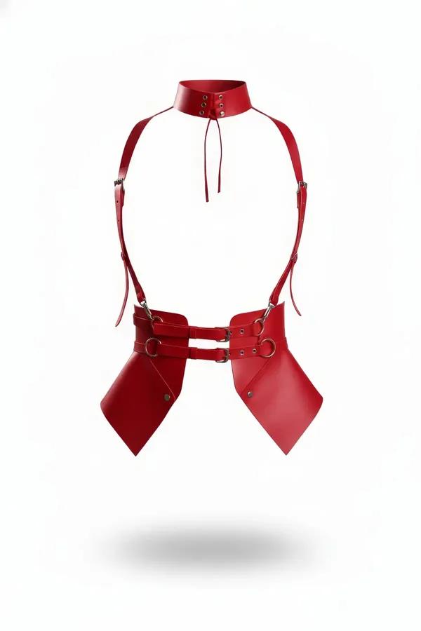 red faux leather body harness with stand-up choker collar and geometric diamond hip panels, silver O-ring hardware