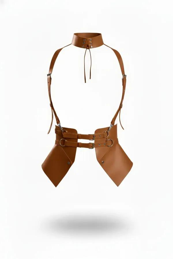 tan faux leather underbust harness corset with high neck choker, dual waist bands, and geometric diamond hip panels, silver h