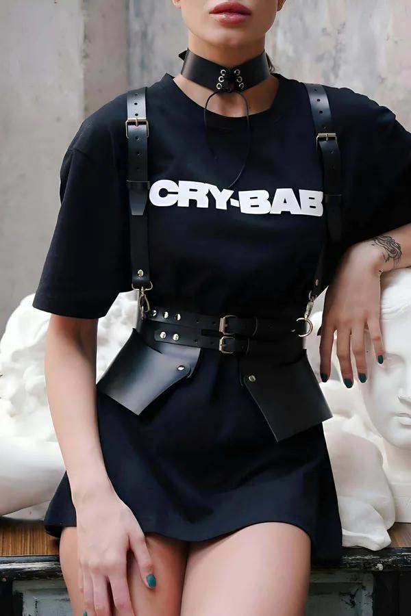 siyah suni deri beden kemeri ve choker boyunluk ikili set metal perçin toka detaylı