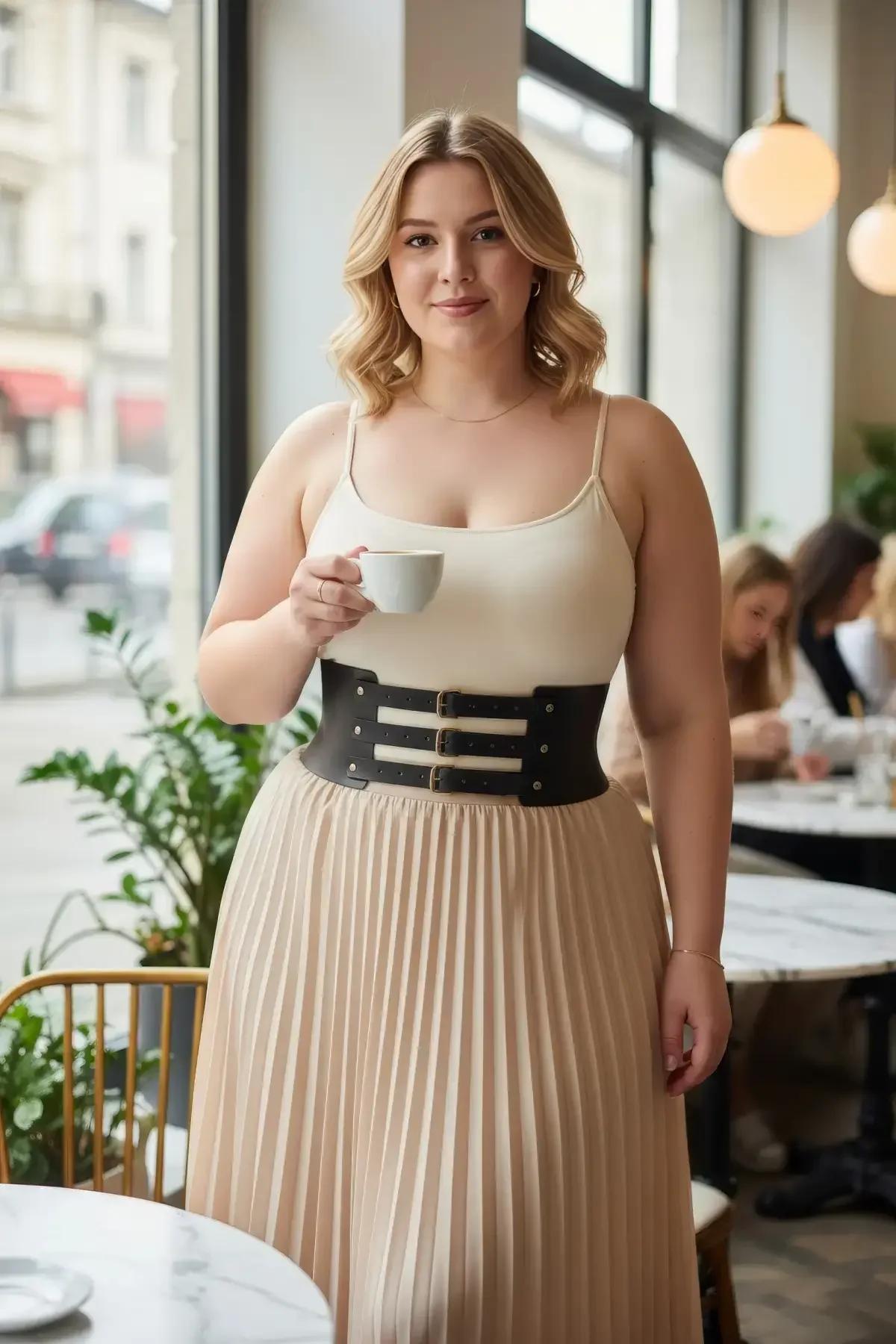 black wide faux leather waist harness with three gold-tone adjustable pin buckles worn over cream bodysuit and midi skirt