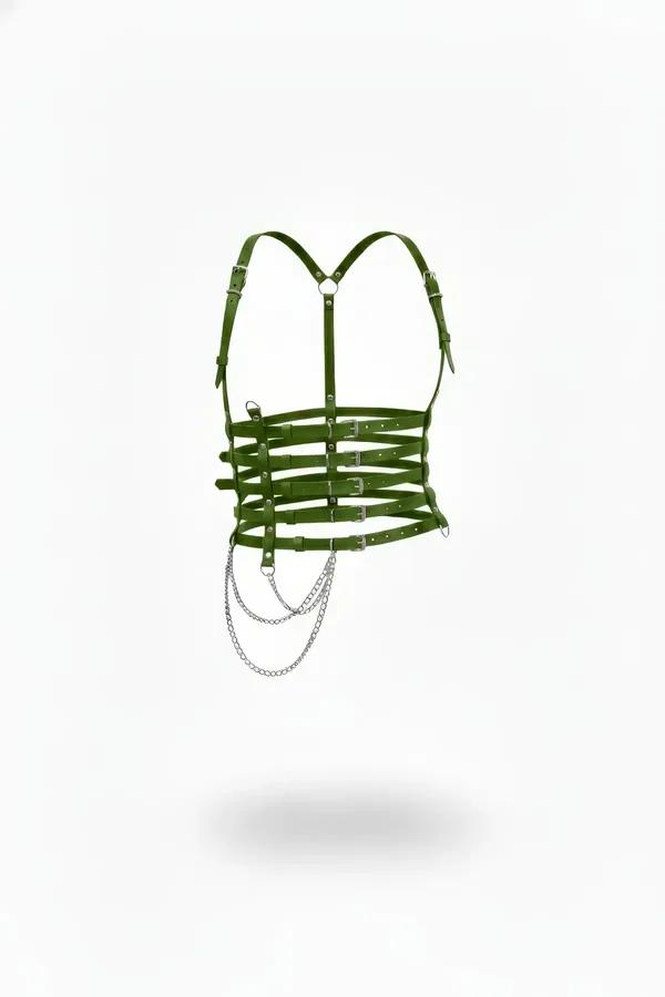 Olive green faux leather underbust harness with five silver buckle bands and draped silver chain detail