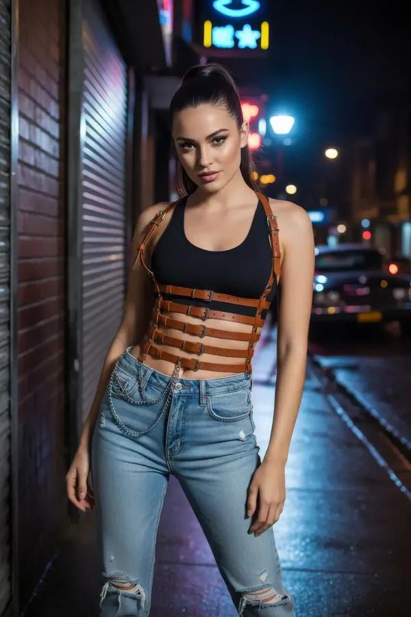 cognac faux leather multi-strap body harness with six silver buckle straps and hip chain detail worn over white tank