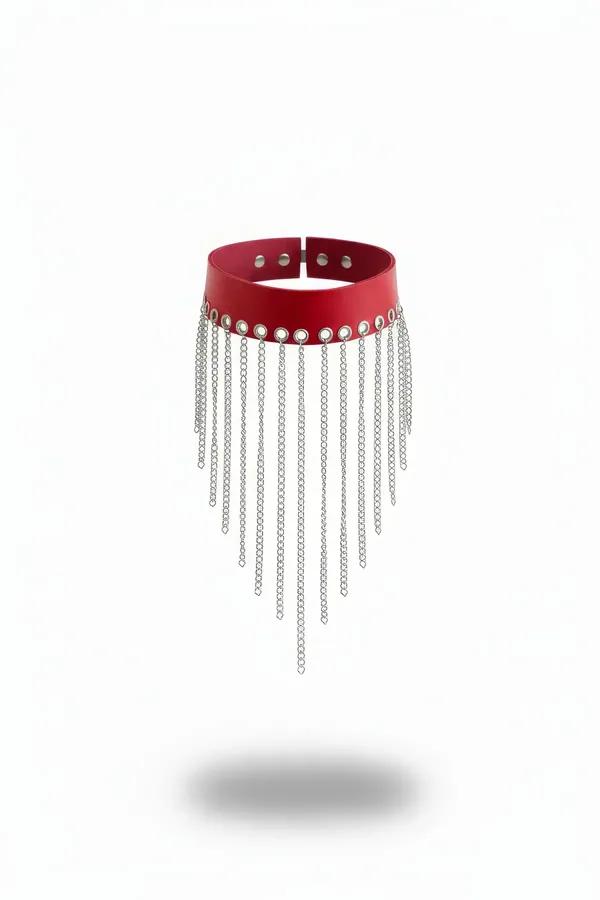 Red faux leather choker with silver grommet row and cascading chain fringe, front view