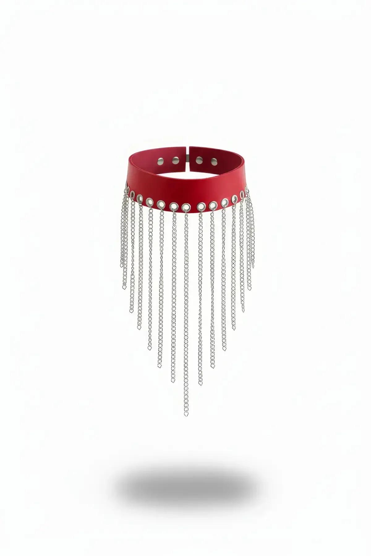 Red faux leather choker with silver grommet row and cascading chain fringe, front view