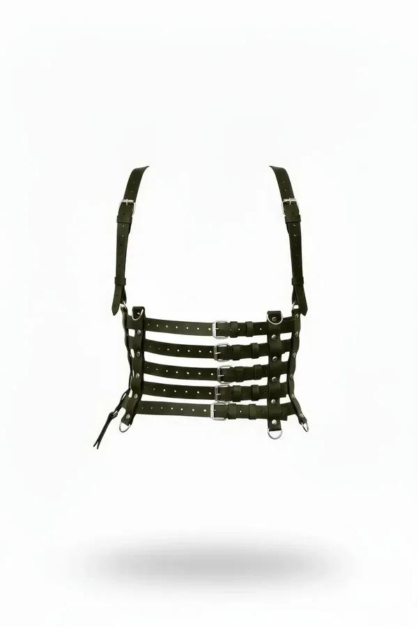 Black faux leather multi-strap underbust harness with four horizontal cage bands and silver pin buckles