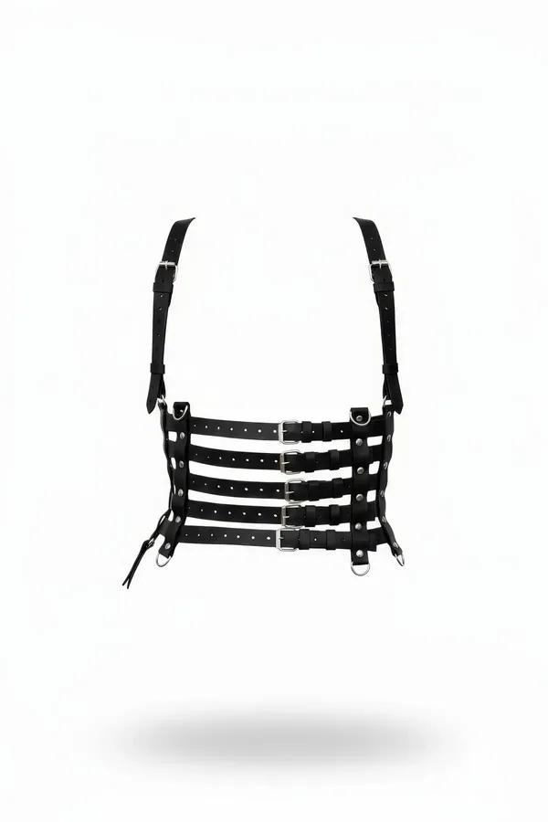 black faux leather corset harness with four horizontal straps and silver rectangular buckles front view