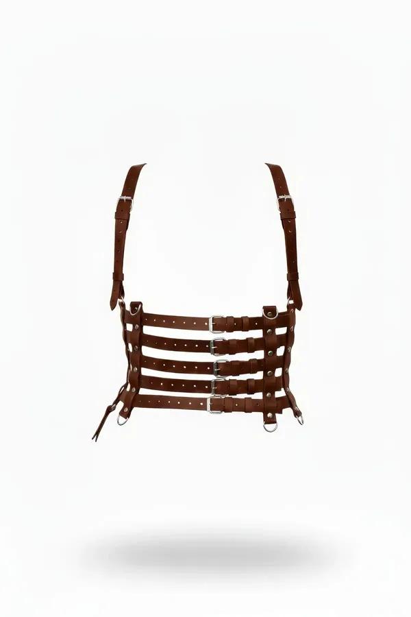 Brown faux leather underbust caged harness with four horizontal straps and silver rectangular buckles front view