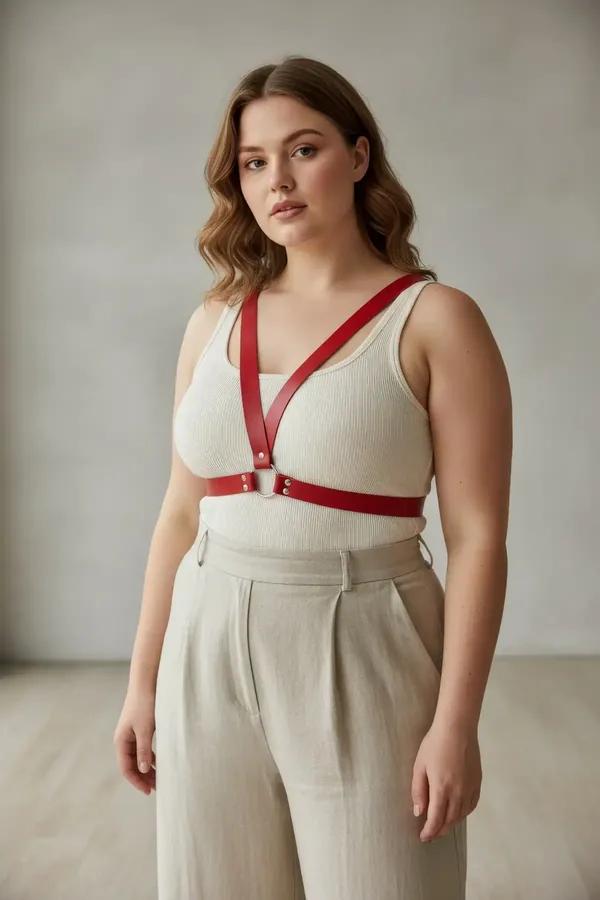 red faux leather o-ring chest harness bra top style with silver hardware and V-strap silhouette