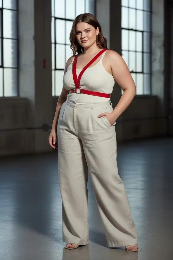 red faux leather o-ring chest harness bra top style with silver hardware and V-strap silhouette