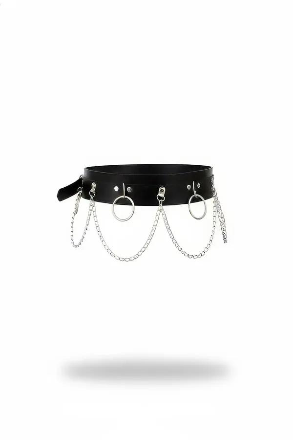 black faux leather wide waist harness belt with silver O-rings and draped link chains, front view