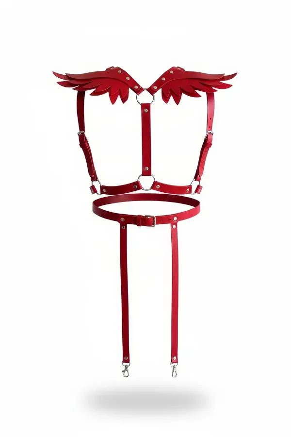 red faux leather body harness with feather-cut wing shoulder panels and detachable silver-clasp thigh straps