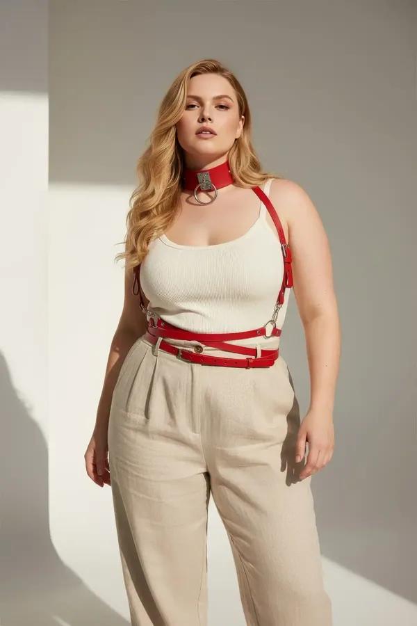 red faux leather harness bra with silver O-ring choker and waist belt worn over cream tank top, plus-size model