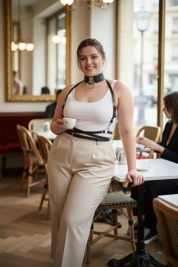 black faux leather body harness with gold O-ring choker and waist belt worn over white tank top