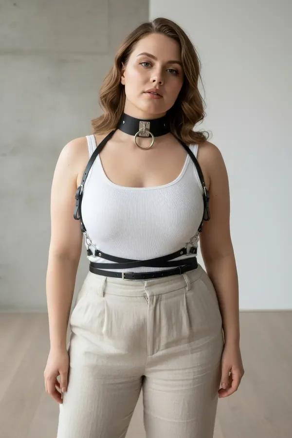 black faux leather body harness with gold O-ring choker and waist belt worn over white tank top