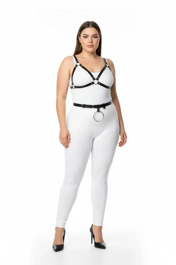 black faux leather adjustable harness bra and waist belt set with front O-ring and gold-tone hardware