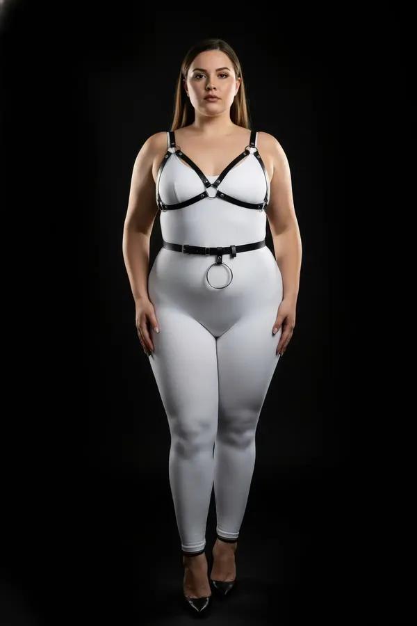 black faux leather adjustable harness bra and waist belt set with front O-ring and gold-tone hardware