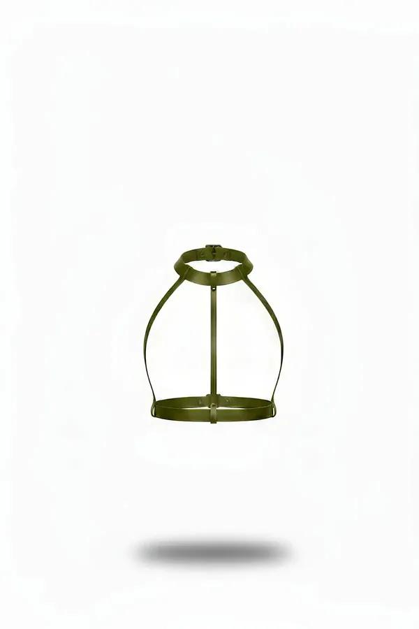Khaki faux leather chest harness with circular choker ring and minimalist cage strap design on white background