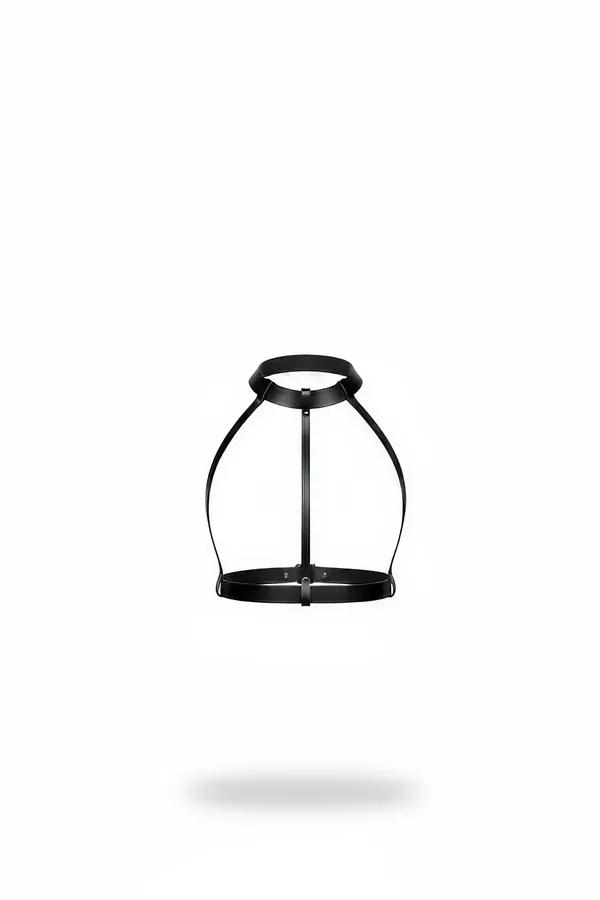 Black faux leather high neck caged chest harness with geometric strap frame and adjustable underbust band