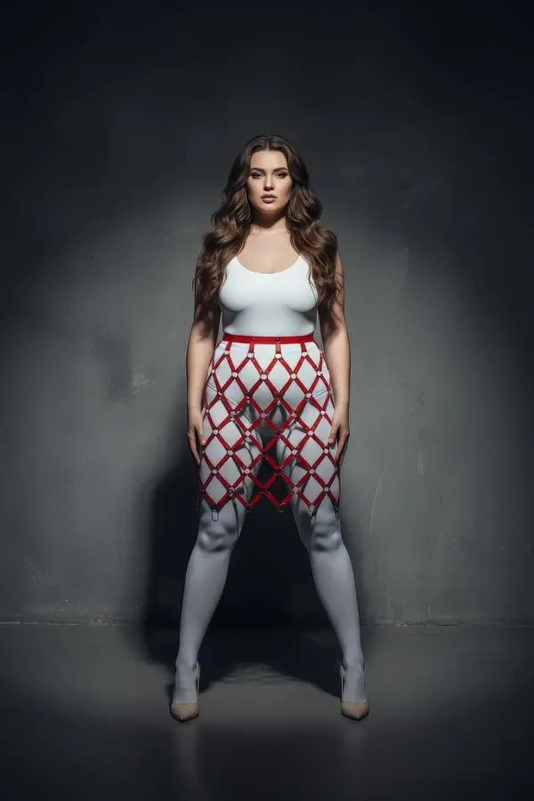 Red faux leather cage skirt harness with gold O-ring diamond grid worn over white leggings, mid-thigh length