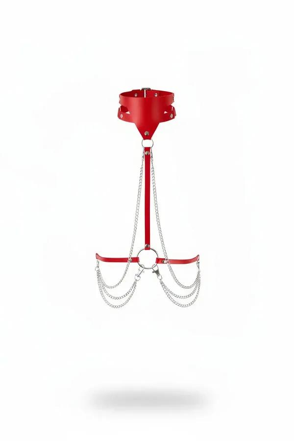 red faux leather chain body harness with studded choker collar and draped silver chains front view